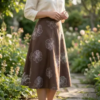 Viskos med lin EMBROIDERY Flower Maya brown