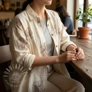 Viskos med lin EMBROIDERY Flower Maya natural