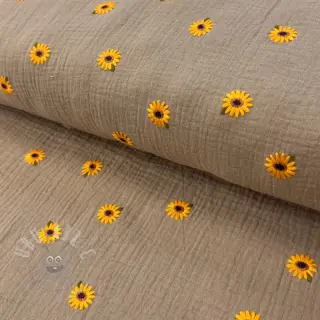 Dubbelgasväv/muslin EMBROIDERY Sunflowers beige
