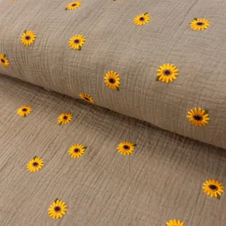 Dvojitá gázovina/mušelín EMBROIDERY Sunflowers beige