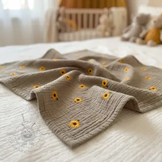 Dubbelgasväv/muslin EMBROIDERY Sunflowers beige