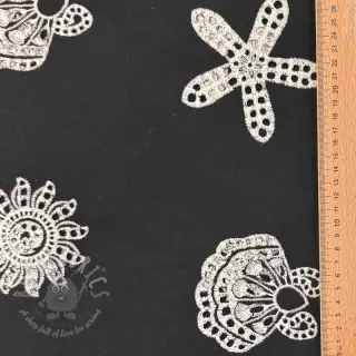 Bomullstyg EMBROIDERY Sea ornaments black
