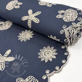 Bomullstyg EMBROIDERY Sea ornaments navy