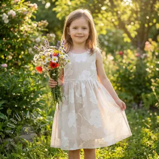 Bomullstyg YARN DYED Stripes JACQUARD Flowers sand