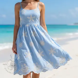 Bomullstyg EMBROIDERY Sea ornaments light blue