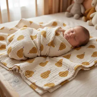 Dubbelgasväv/muslin Pears ochre by JENNIFER BOURON ORGANIC