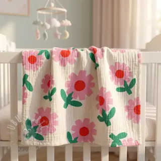 Dubbelgasväv/muslin Flowers natural/pink by JENNIFER BOURON ORGANIC