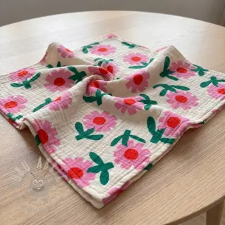 Dubbelgasväv/muslin Flowers natural/pink by JENNIFER BOURON ORGANIC