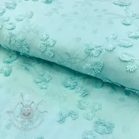 Bomullstyg EMBROIDERY Catchy leaves aqua