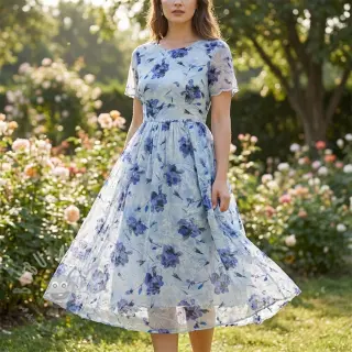Bomullstyg med inblandning av EMBROIDERY Rose blue