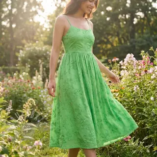 Bomullstyg EMBROIDERY Catchy leaves green