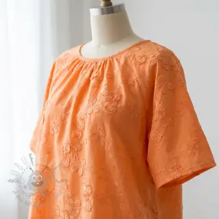 Bomullstyg EMBROIDERY Catchy leaves orange