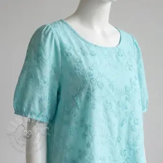 Bomullstyg EMBROIDERY Catchy leaves aqua
