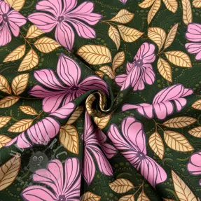 Bomullstyg SATIN Autumn flowers dark green