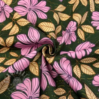 Bomullstyg SATIN Autumn flowers dark green