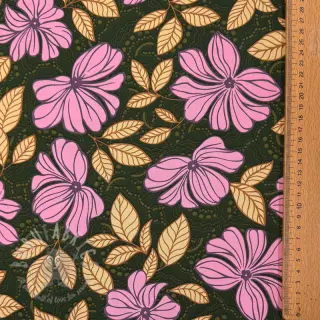 Bomullstyg SATIN Autumn flowers dark green