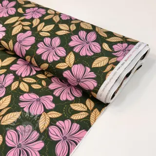 Bomullstyg SATIN Autumn flowers dark green