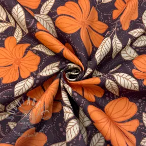 Bomullstyg SATIN Autumn flowers dark brown