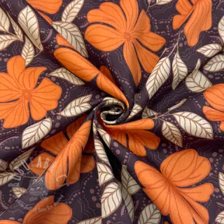 Bomullstyg SATIN Autumn flowers dark brown