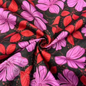 Bomullstyg SATIN Autumn flowers dark red