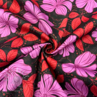 Bomullstyg SATIN Autumn flowers dark red