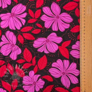 Bomullstyg SATIN Autumn flowers dark red