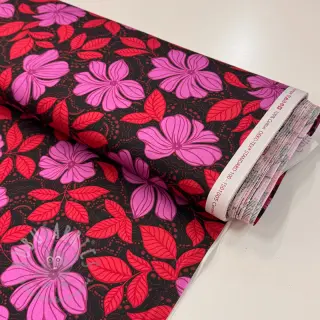 Bomullstyg SATIN Autumn flowers dark red