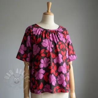 Bomullstyg SATIN Autumn flowers dark red
