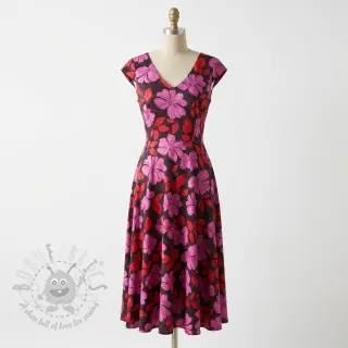 Bomullstyg SATIN Autumn flowers dark red