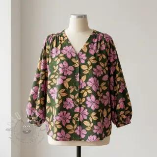 Bomullstyg SATIN Autumn flowers dark green