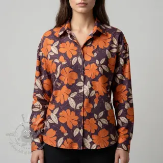 Bomullstyg SATIN Autumn flowers dark brown