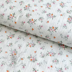 Dubbelgasväv/muslin Flowers white ORGANIC