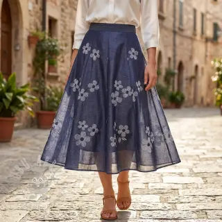 Bomullstyg JEANS Chambre LUXURY JACQUARD Flowers dark blue
