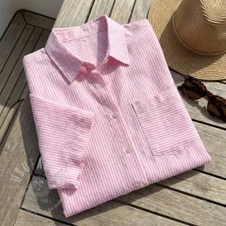 Lin med bomull Stripe fuchsia