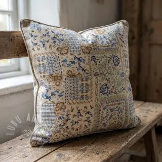Dekorationstyg Linenlook Blue heritage digital print