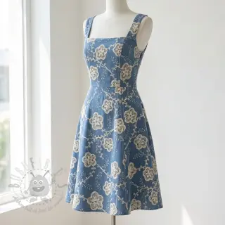 Bomullstyg JEANS EMBROIDERY Flora design D