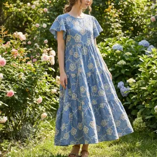 Bomullstyg JEANS EMBROIDERY Flora design D