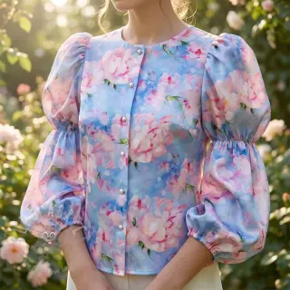 Bomullstyg SATIN STRETCH Peony roses