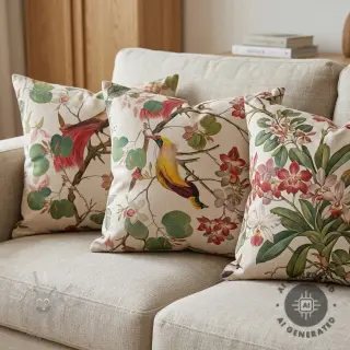 Dekorationstyg Linenlook Orchid paradise bird digital print