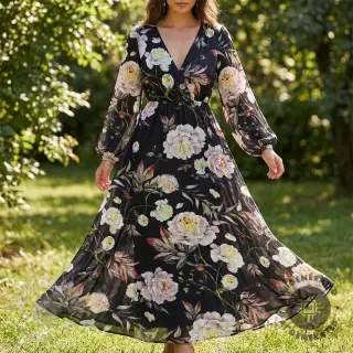 Fest- och damtyger MAGNOLIA STRETCH Flowers bouquet black