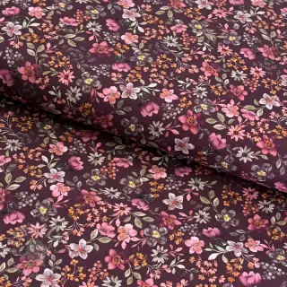 Bomullstyg Autumn flowers burgundy digital print