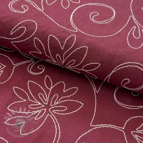 Viskos med lin EMBROIDERY Flora burgundy