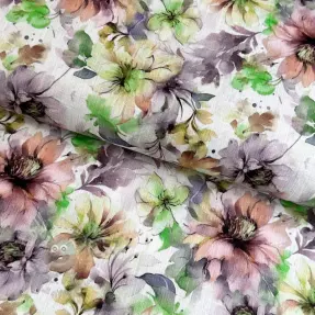 Lin med bomull Peony roses RAMIE green digital print