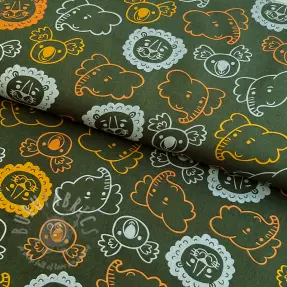 Bomullstyg Safari animals dark green