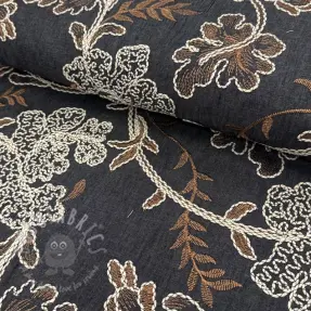 Bomullstyg JEANS Embroidery leaves black