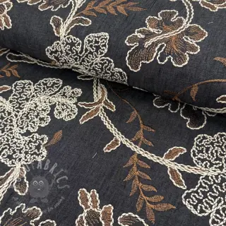 Bomullstyg JEANS Embroidery leaves black
