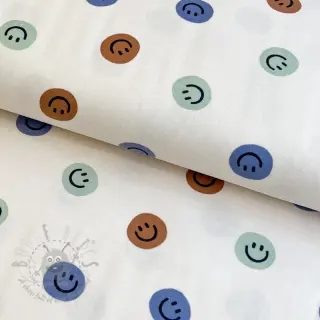 Bomullstyg FLANNEL Happy faces off white green