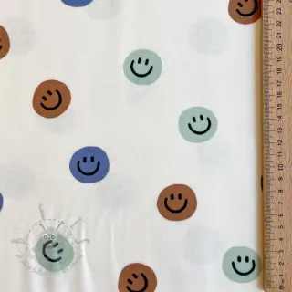 Bomullstyg FLANNEL Happy faces off white green