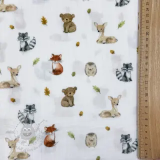 Dubbelgasväv/muslin Forest animals white digital print