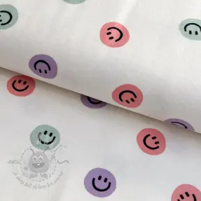Bomullstyg FLANNEL Happy faces off white lilac